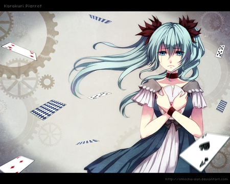 Karakuri Pierrot - miku, hatsune, cards, crying, omocha-san, gears, aqua eyes, mask, vocaloid, anime, twintails, dress, long hair, aqua hair, karakuri pierrot, tears, hatsune miku