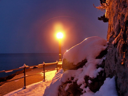 winter in Opatija - winter, snow, night, lungo mare, light, croatia, opatija, adriatic sea