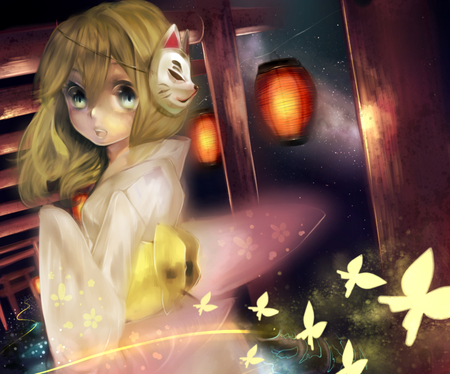 Shocked - namine, blond, butterflies, girl, cute, kimono, sexy