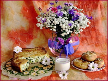 Still life - delicate, pretty, beautiful, flowers, sweet, vase, still life, nice, lovely, daisies, milk, cake