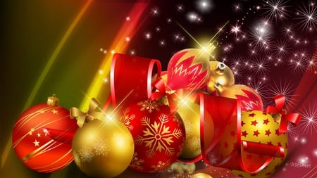 Brightness of Christmas - balls, sparkles, gold, stars, firefox persona, christmas, feliz navidad, red, ribbon, shine