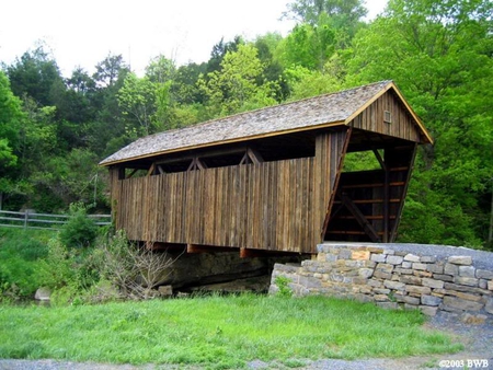 Indian Creek Bridge - brown, bridge, covered, trees