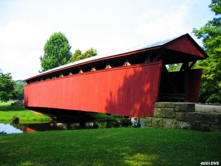 Staats Mill Bridge - covered, trees, red, bridge