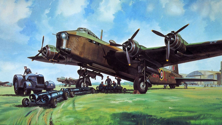 Arming the Stirling - ww2, bombs, plane, bomber, drawing, airplane, stirling, world, painting, art, war, wwii, british, short