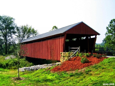 Mud River Bridge - covered, red, sky, bridge