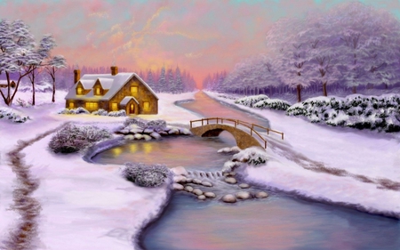 COTTAGE BY THE RIVER - snow, river, winter, cottage