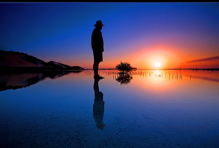 One with nature - To the wonderful men of Nexus - reflection, blue, man, water, sunset, gold