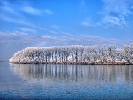 BLUE - sky, lake, trees, reflection, clouds, frost, blue