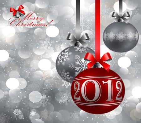 New year greetings - red, silver, pretty, 2012, beautiful, stars, ornaments, white, ribbon, bow, balls, merry christmas, hanging, gray, new year