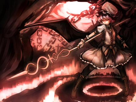 Remilia Scarlet - hat, anime, anime girl, boots, chain, dress, girl, touhou, wings, weapon, remilia scarlet, mifuru