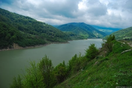 Beautiful Romanian Lake - lake, romania, green landscape, clouds, mountains