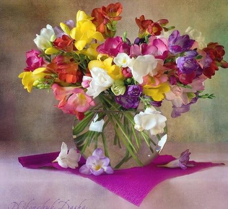 Freesia still life. - vase, freesia, flower, still life