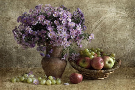 Asters, apples and grapes. - vase, grape, aster, fruit, apple, flower, still life