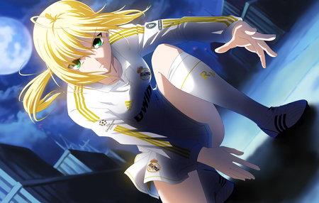 Saber - fate stay night, anime, fate zero, anime girl, girl, night, real madrid, sky, soccer uniform, skirt, moon, saber