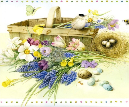 Bird and flowers. - bird, basket, nest, spring, egg, flower