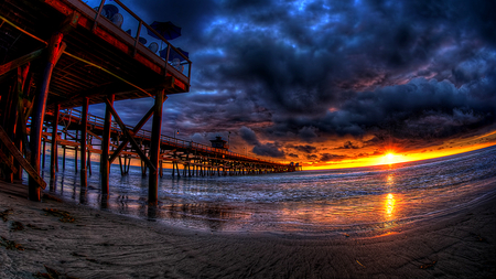 Beautiful Evening Sky (For Will) - blue, beach, splendor, reflection, sand, sunrays, umbrella, view, ocean waves, rain, sky, sun, storm, clouds, sunlight, beautiful, lanterns, sea, stormy, beauty, colors, lovely, ocean, pier, nature, sunset, waves, peaceful, umbrellas