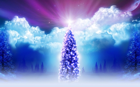 SHINING CHRISTMAS TREE - moon, stars, sky, trees, christmas, shining, blue, clouds, pink, lights