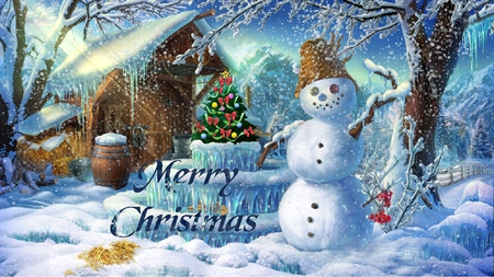 Merry Christmas - snowman, tree, 22657, christmas