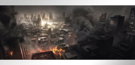 explosion in city - city, explosion, dark, fantasy