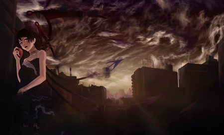 Houjuu Nue - anime, dress, dark, houjuu nue, short hair, houjuu, touhou, pixiv id 3051903, nue, city, cityscape, red eyes, necklace, wings, black hair, cloud, jewelry, akai kitsune, smoke, building