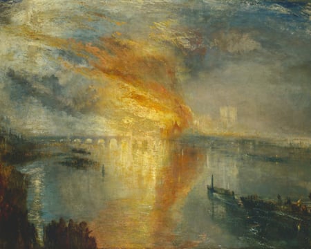 Turner - Burning of the Houses of Parliament - england, 19th century, water, fire