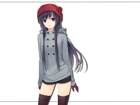 Cute - white, hat, thighhighs, long hair, shiramine rika, gloves, black hair, coffee-kizoku