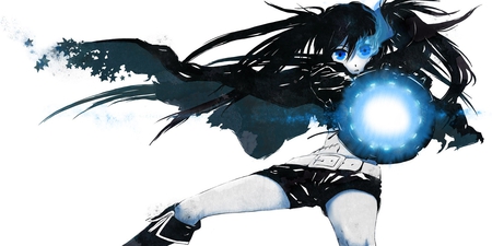 Black Rock Shooter - twintails, blue eyes, boots, kuroi mato, black hair, jpeg artifacts, weapon, akuhaku, black rock shooter