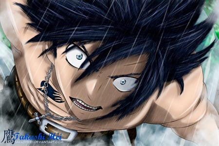 Gray Fullbuster - male, grey fullbuster, rain, blue eyes, necklace, grey, fairy tail, anime, gray fullbuster, shirtless, gray, spiky hair