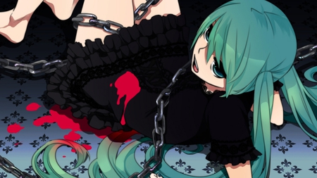 Hatsune Miku - pretty, artistic, twin tail, pink, stunning, nice, program, thighhighs, beauty, virtual, cg, white, chains, cute, aqua eyes, song, tied, blood, vocaloid, anime, blue, amazing, twintail, dress, hatsune miku, music, aqua, red, bondage, black dress, art, idol, anime girl, laying, beautiful, singer, girl, cool, floor, black, miku, awesome, diva, digital, barefoot, aqua hair, thigh highs, hatsune, vocaloids