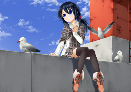 Cute Girl - sakura yuuya, bird, anime, anime girl, original, girl, cool, kawai, animal, scarf, cute, blue eyes