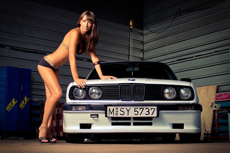 Beamer and Model - woman, lips, hot, eyes, hair, heels, antique, bmw, legs, white, face, brown, car, classic, brunette, lady, sexy, girl, beautiful, babe