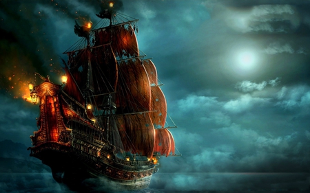 guide them - vehicle, sky, ship, evening, clouds, night, cg