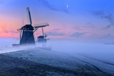 Holland mists - mists, clouds, blue, evening, windmills