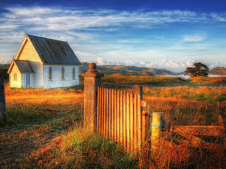 Cottage - nature, painting, field, farm, fence, art