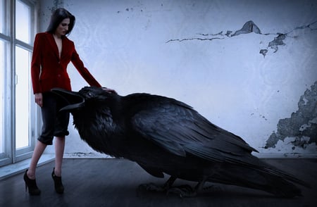 The Raven Lady - red, lady, room, raven, beautiful, fashion