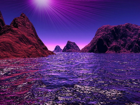 Purple light - water, summer, ray, blue, sea, light, nature, purple, lake, sun, sky, rocks