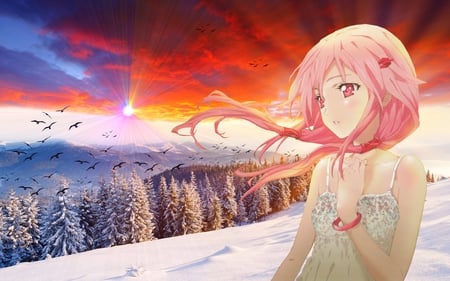 Anime Winter - anime, trees, winter, sky