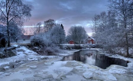 Winter snow. - house, winter, water, snow, tree, season, cloud, cold, weather, sky