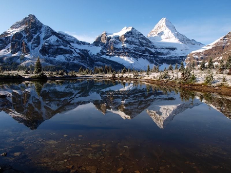 Mt. Assiniboine and Magog, from Tarn - sky, lake, mountain, snow