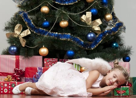 Dreaming under the Christmas tree - kid, others, girl, female, ribbons, lovely, white, balls, decorations, chil, tree, gifts, decor, cute, dress