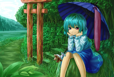 tatara kogasa - trees, blue, girl, short hair, shrine, umbrella, red, bicolored eyes, toung, cute, sexy, demon