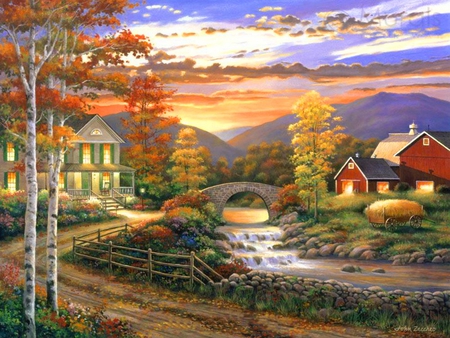 Autumn evening - sky, autumn, houses, landscape, painting, fall, evening, river, clouds, bridge