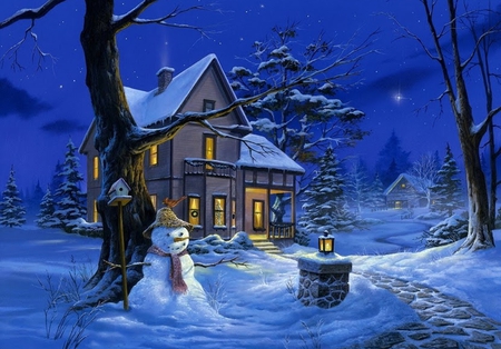 Magic Night - night, snowmna, blue, snow