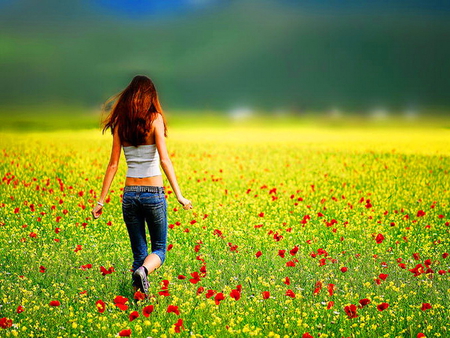 Girl in poppy field - poppy, summer, beautiful, walk, joy, nature, lady, woman, field