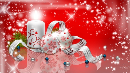 So Merry So Bright - balls, snow, candle, beads, flame, light, stars, firefox persona, christmas, feliz navidad, red, xmas, ribbons