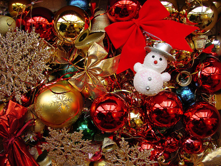 Christmas decoration - snowman, balls, red, decoration, christmas