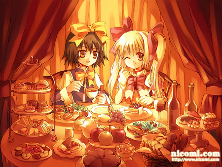 Holiday Feast - anime, wine, holiday, fruit, yellow hair, dessert, anime girls, smiling, sandwiches, cake, cupcakes, brown eyes, bread, feast, cookies, black hair, eating, cute anime girls