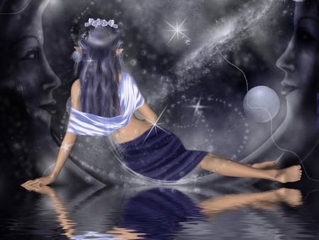 FAIRY MOON - moon, elf, reflection, female, fairy