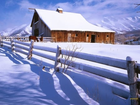 snow covered barn - fence, popular, winter, wallpaper, fences, horses, nature, snow, farms, barn