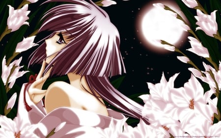 Moonlight Lily - sexy, purple, lily, touka gettan, beautiful, full moon, pink, anime, moonlight, kimono